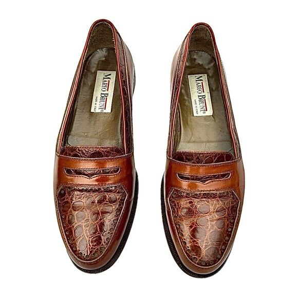Mario Bruni Mens Loafer Slip On Cognac Leather-Crocodile Size 8 M Pre-Owned